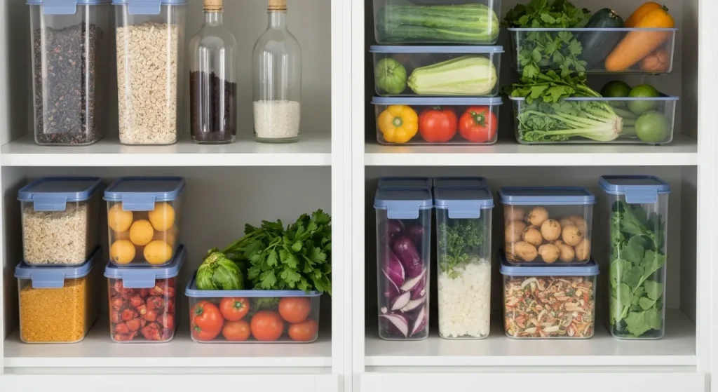 O bucătărie organizată cu recipiente reutilizabile, fructe și legume proaspete, și o masă cu un preparat culinar făcut din ingrediente reciclate.