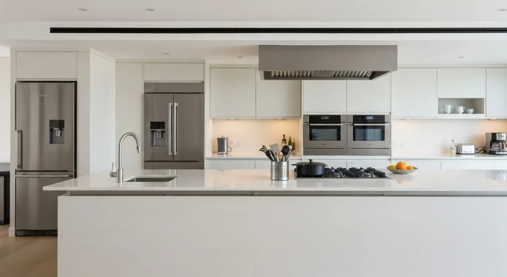 O bucătărie modernă, închisă, cu electrocasnice profesionale și un design minimalist.