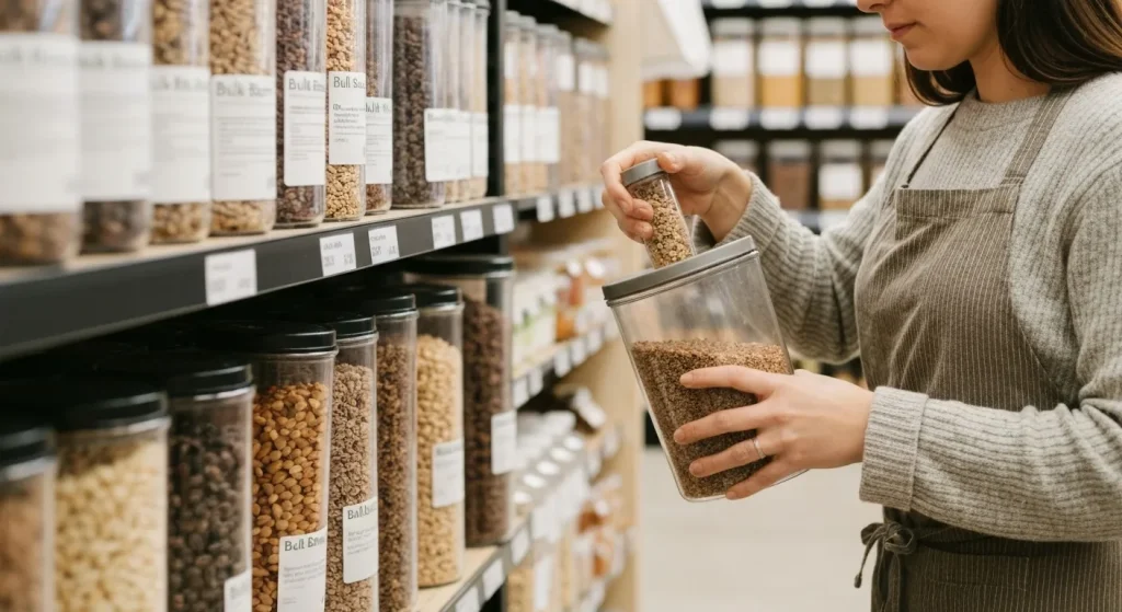 Un magazin Bulk Barn cu clienți care folosesc recipiente refolosibile pentru a cumpăra produse alimentare în vrac.