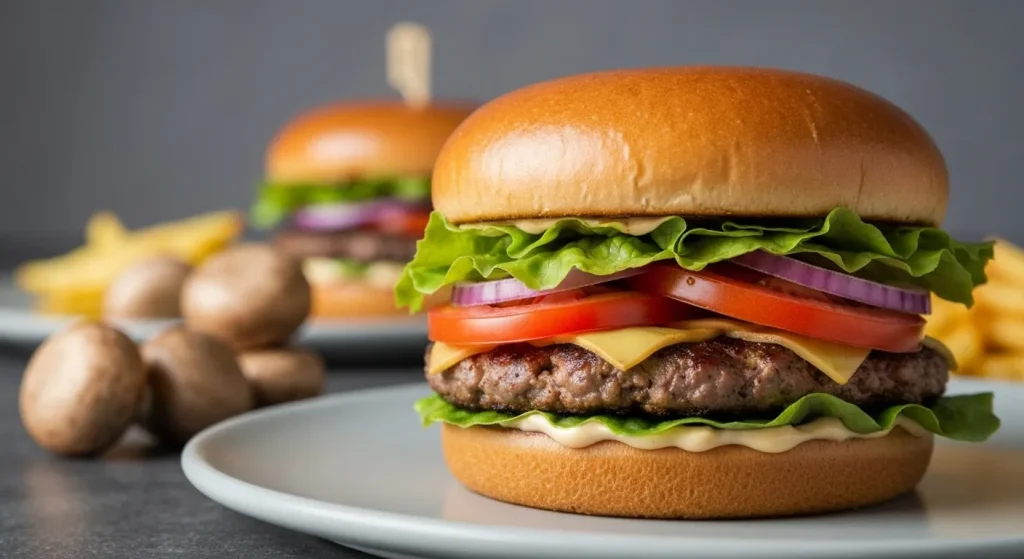 Doi burgeri Sonic Signature Slinger, unul clasic și unul cu bacon, cu salată, roșii, ceapă, murături, maioneză și brânză.