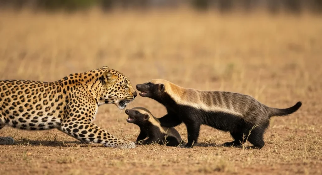 O mamă de bursuc de miere își apără puiul de un leopard într-o confruntare violentă într-o savană africană.