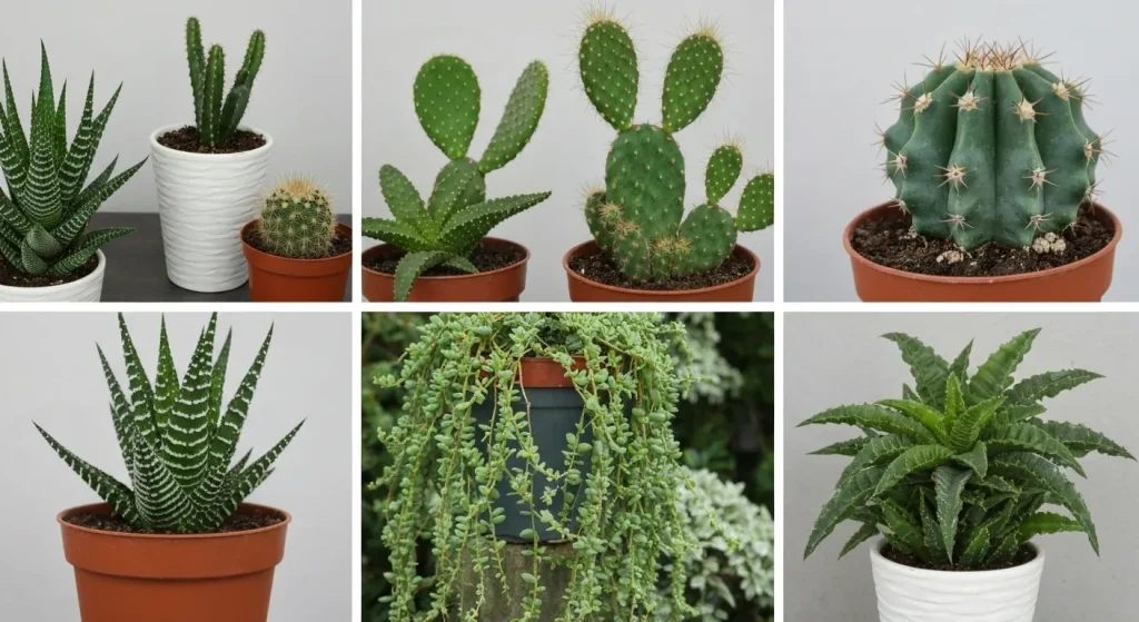 O colecție de cactuși și plante suculente diverse, arătând diferite forme, culori și texturi, într-un aranjament decorativ.