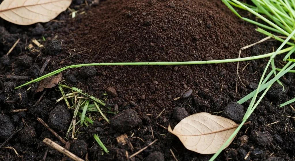 Un amestec de compost cu deșeuri de cafea, frunze și resturi de iarbă.