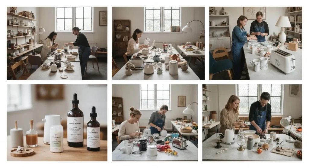 Un interior luminos și primitor al unei cafenele de reparații, cu oameni care repară diferite obiecte, unelte și o atmosferă caldă.