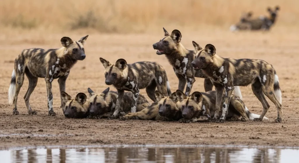 O haită de câini sălbatici africani se pregătește să plece de la locul de odihnă, unii dintre ei strănutând.