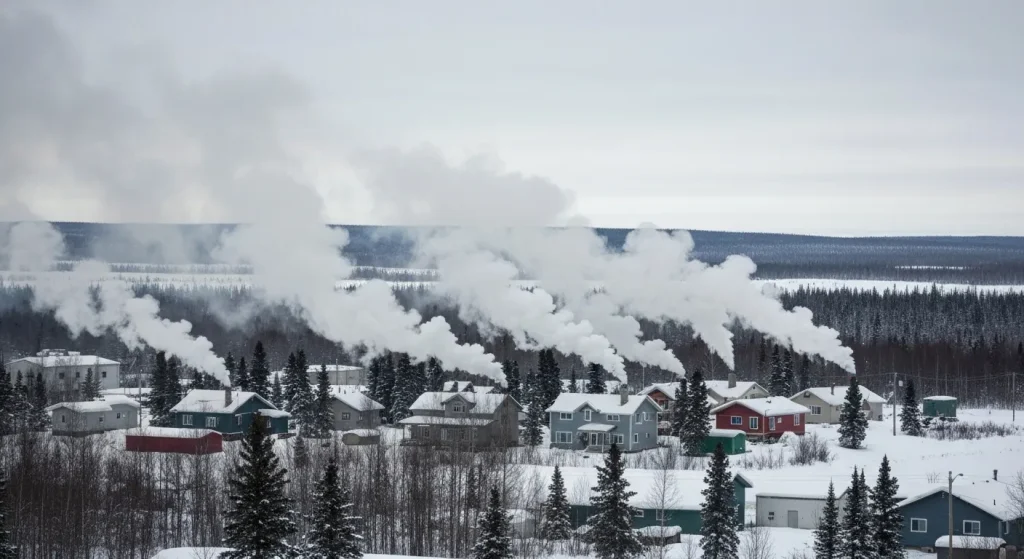 Fum dens de culoare gri se ridică deasupra unor case într-un peisaj zăpadă din Fairbanks, Alaska.