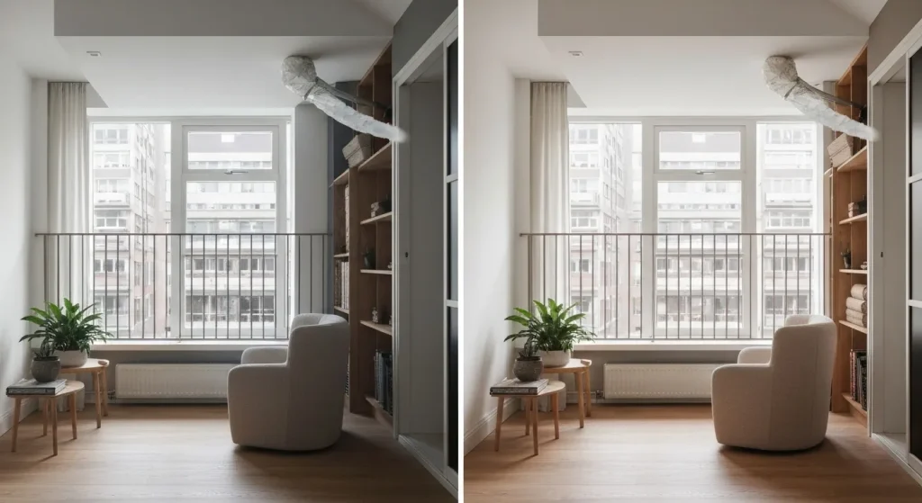 O comparație vizuală între calitatea aerului de la etajele inferioare și superioare ale unei clădiri rezidențiale cu ventilație prin coridor presurizat.