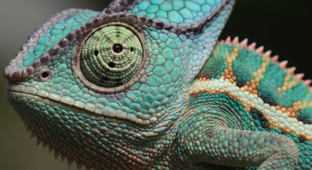 Un cameleon își schimbă culoarea pielii, arătând mici cristale care reflectă lumina.