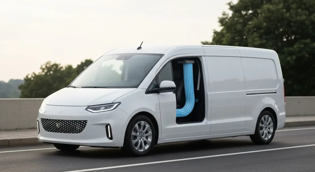 O furgonetă electrică de livrare cu un filtru special de particule atașat, circulând pe o stradă a orașului.