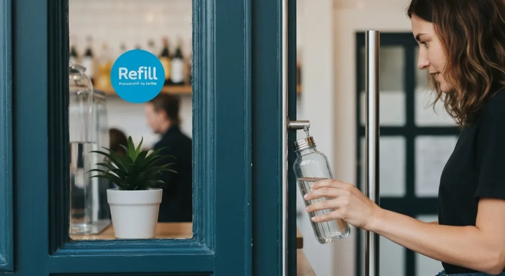 O hartă cu locații marcate care indică afaceri participante la inițiativa Refill, care oferă apă gratuită la robinet.
