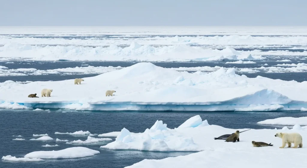 Două sanctuare marine arctice canadiene, una cu gheață groasă multianuală, cealaltă bogată în viața marină arctică.
