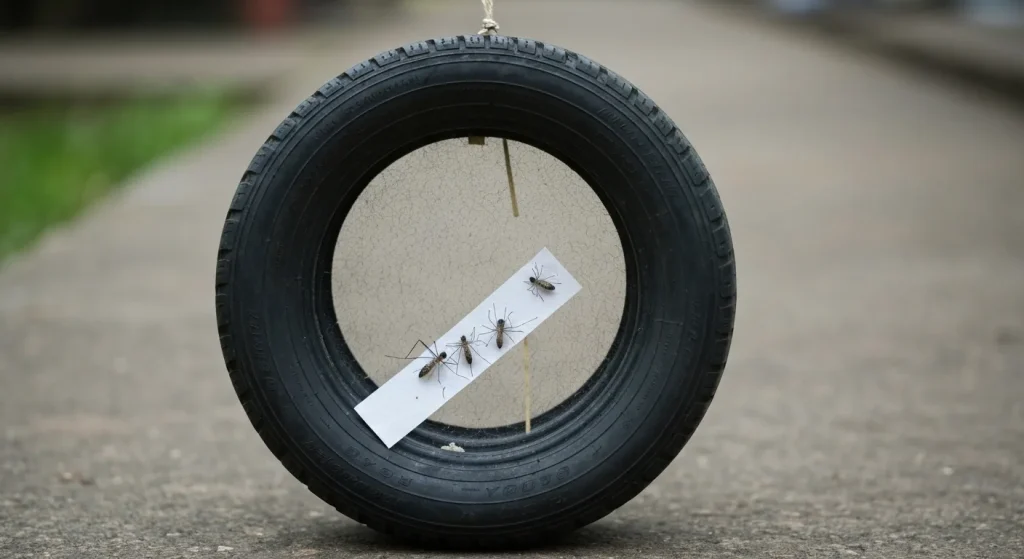 O capcană pentru țânțari făcută din anvelope reciclate, cu o soluție lichidă în interior și o bandă de hârtie pentru colectarea ouălor.