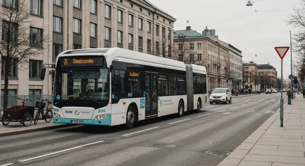 Autobuz electric modern în oraș, alături de biciclete de marfă.