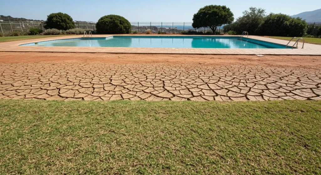 Un peisaj arid, cu un robinet din care nu curge apă, lângă o piscină goală și un gazon uscat.
