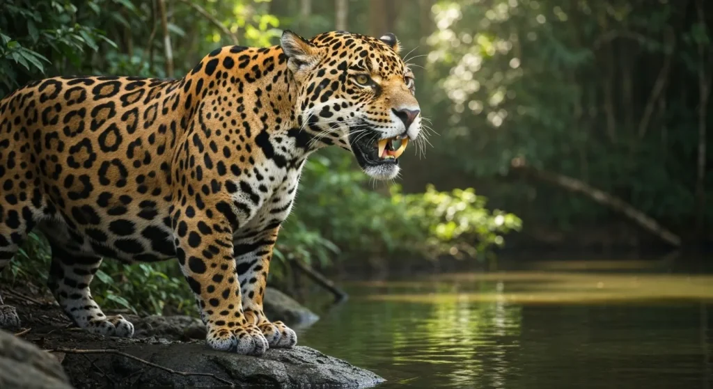 Un jaguar negru cu pete întunecate, lângă apă, într-o pădure tropicală densă.