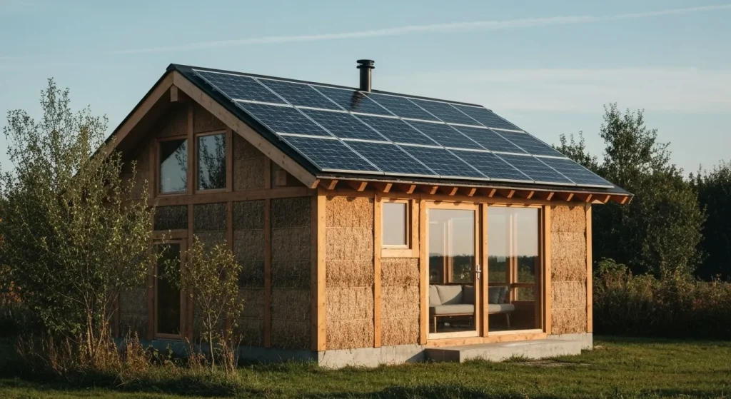 O casă construită din lemn și paie, acoperită cu panouri solare.