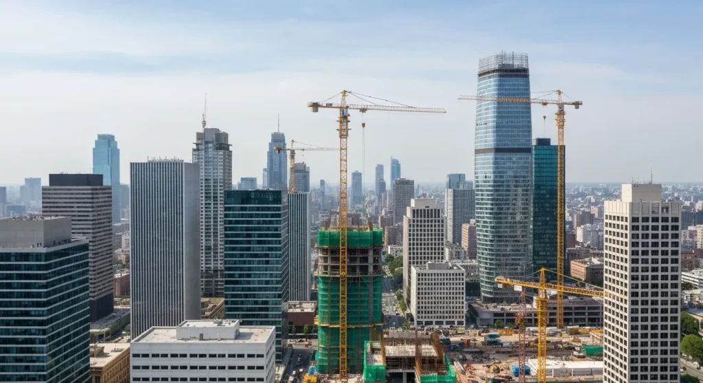 O imagine care prezintă o construcție urbană modernă, cu accent pe materiale de construcție sustenabile și tehnologii ecologice.