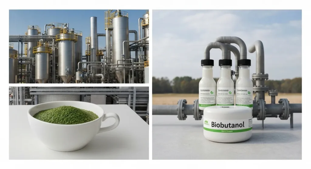 O instalație industrială modernă pentru producția de biocombustibil, cu conducte și rezervoare.