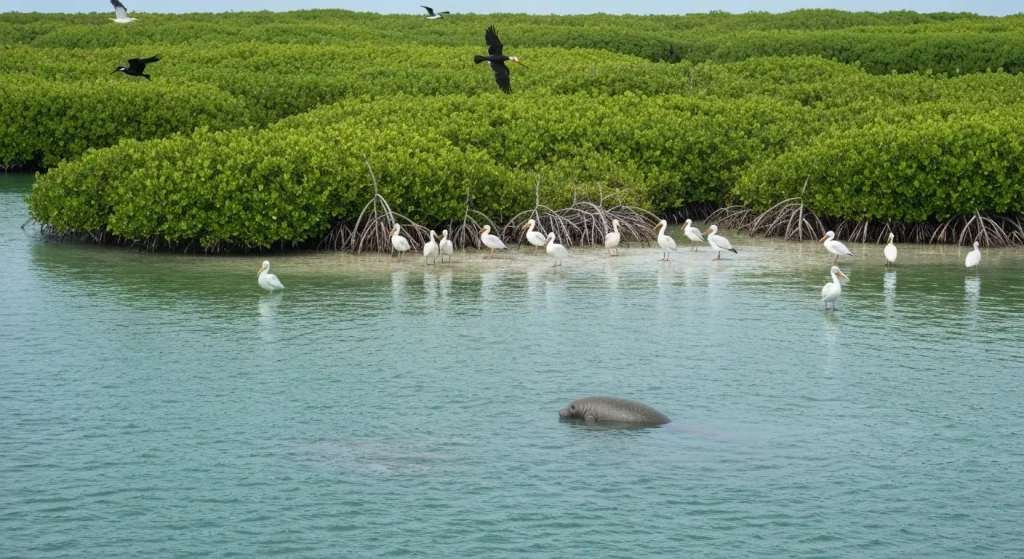 Insula Pelican din Florida, prima rezervație națională de păsări din SUA, cu vegetație de mangrove și păsări de apă.