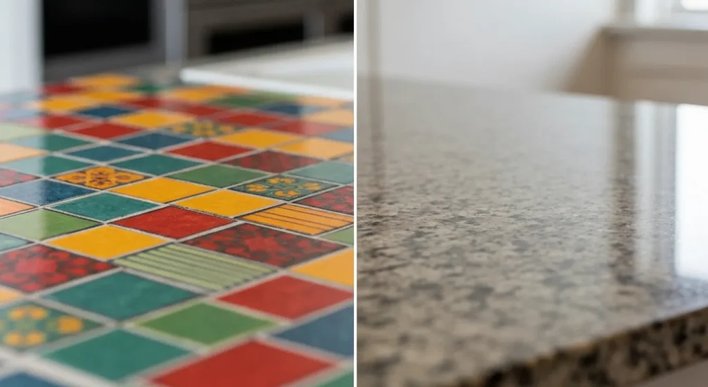O comparație vizuală între un blat de bucătărie din laminat plastic colorat și un blat din granit lustruit, arătând diferența de textură și aspect.