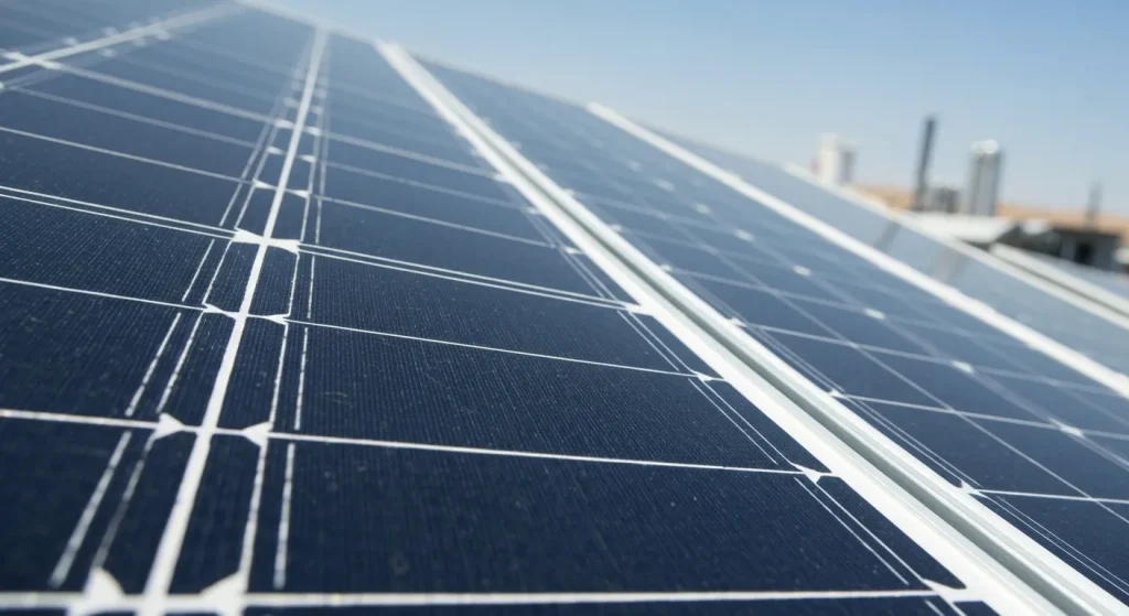 Panou solar detaliu, celule de siliciu, conexiuni metalice.