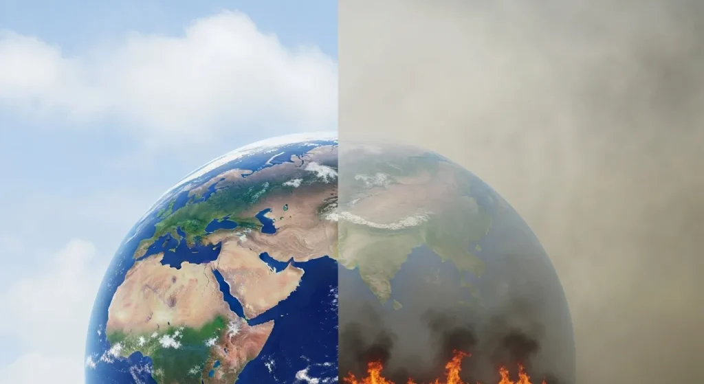O imagine a Pământului învelit într-un strat gros de poluare, cu imagini suprapuse ale evenimentelor meteorologice extreme, cum ar fi incendiile de pădure și inundațiile.