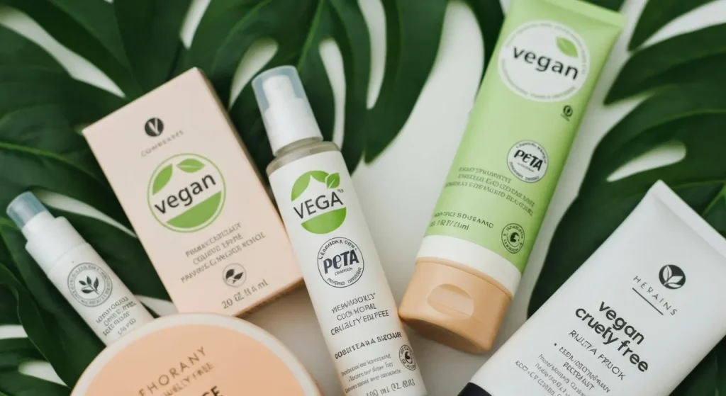Etichete cosmetice cu sigilii vegan și cruelty-free, pe un fundal verde.