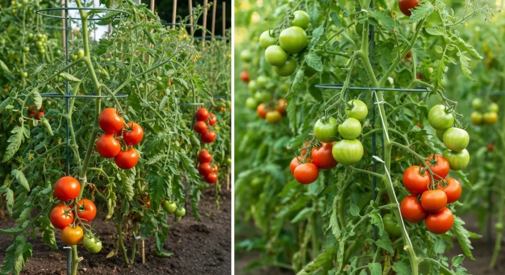 Două plante de roșii, una compactă și una înaltă, ambele cu roșii coapte și verzi, susținute de araci.