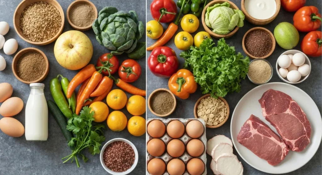 O comparație vizuală între alimente vegane și vegetariene, evidențiind diferențele dintre produsele de origine animală și cele pe bază de plante.