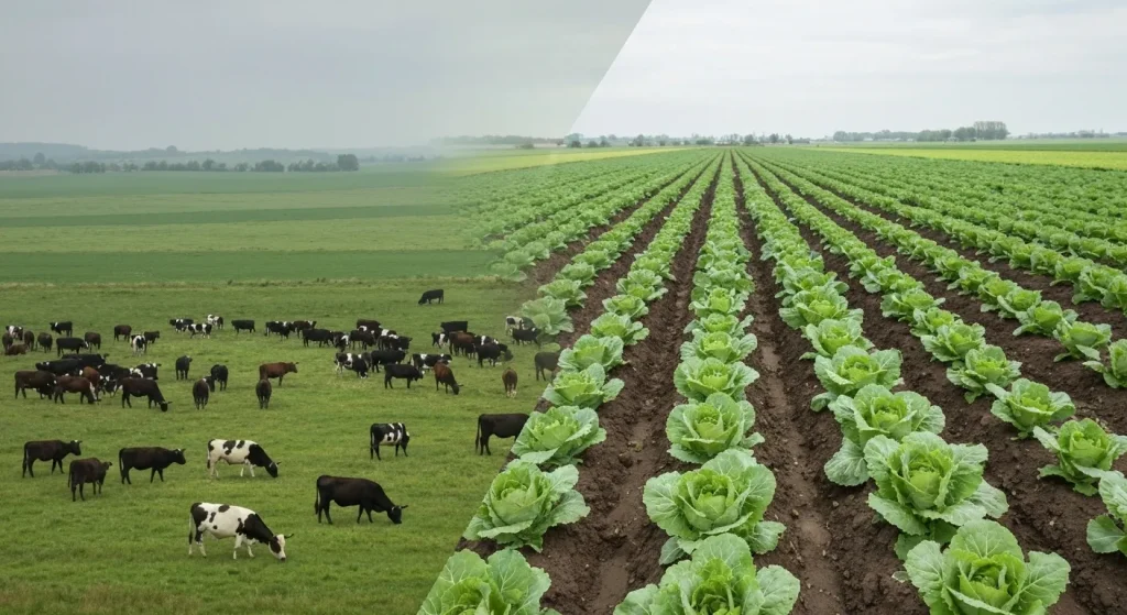 O comparație vizuală între suprafața de teren necesară pentru producția de carne de vită și cea necesară pentru producția de legume.