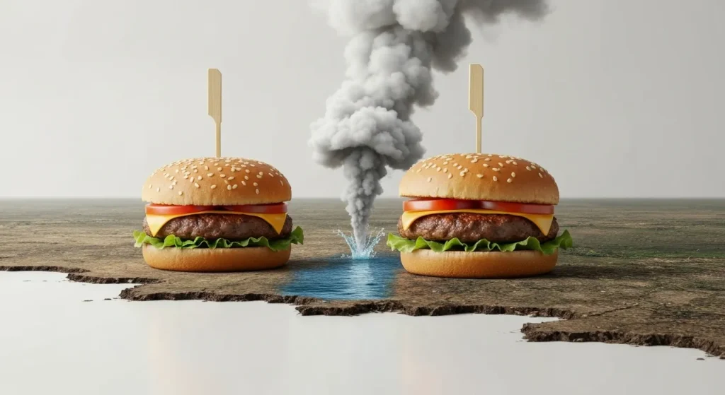 O comparație vizuală între dimensiunea unui hamburger și cantitatea mare de apă, teren și emisii de gaze cu efect de seră necesare pentru producerea sa.