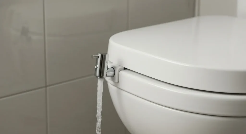 Un accesoriu de bidet modern montat pe un toaletă standard, arătând curat și ușor de instalat.