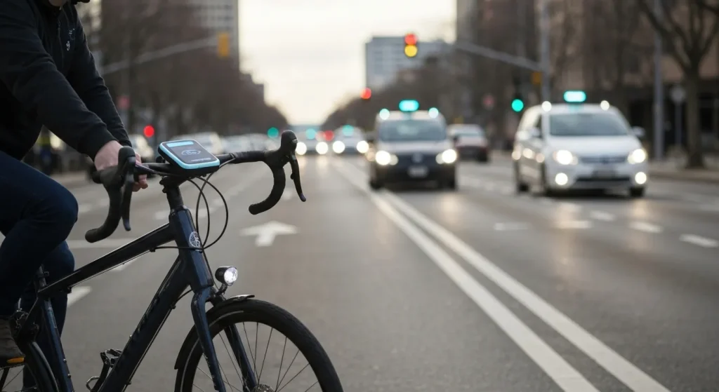O bicicletă echipată cu un dispozitiv de comunicare, pe o stradă cu mașini autonome în fundal.