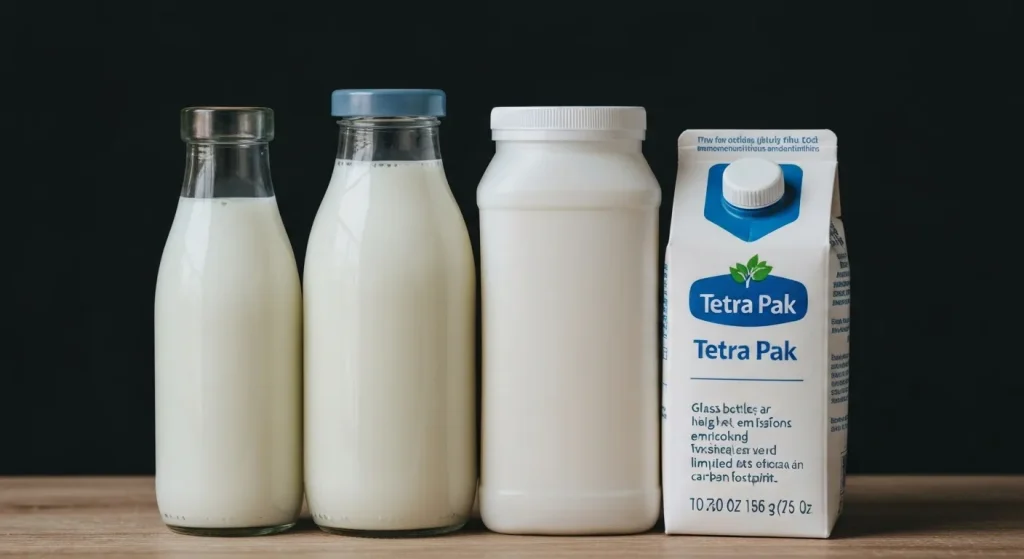 Trei recipiente de lapte – sticlă, plastic și carton TetraPak – așezate alături, cu o diagramă care prezintă emisiile de gaze cu efect de seră ale fiecăruia.