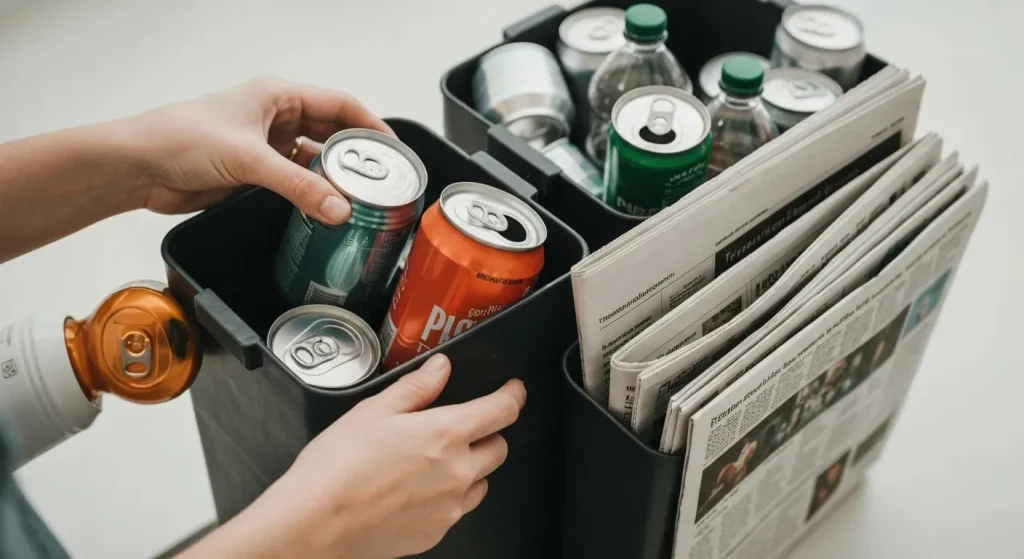 Trei recipiente de reciclare: unul pentru doze de aluminiu, unul pentru sticle PET și unul pentru ziare.