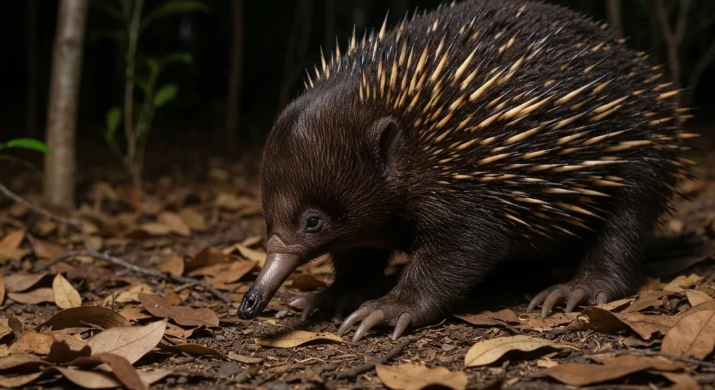 Echidnă cu bot lung, nocturnă, căutând hrană în solul împădurit.