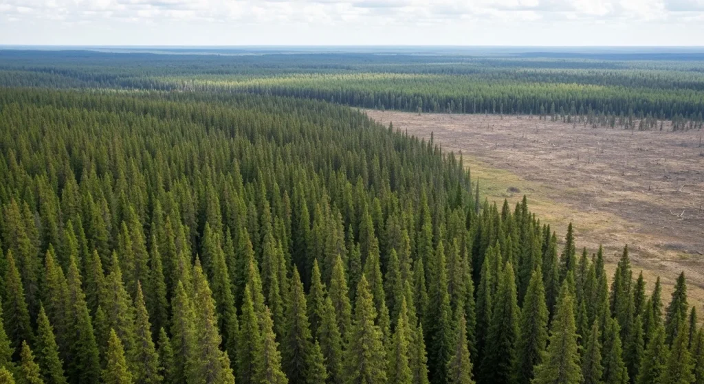 O imagine care prezintă o pădure vastă, densă, cu arbori înalți, alături de un peisaj arid care ilustrează defrișările.