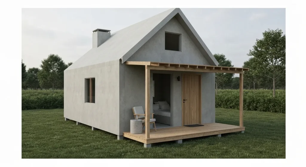 O casă mică, cu un singur etaj, construită din beton prin imprimare 3D, cu un acoperiș și un mic pridvor.