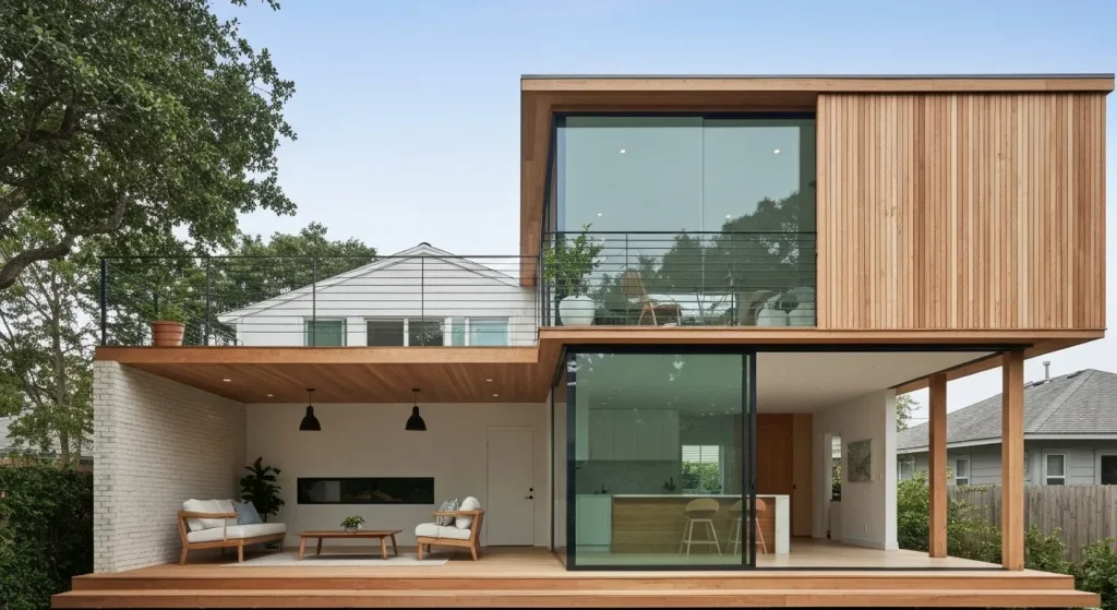 O casă modernă cu o fațadă din ecrane, conectată la un balcon printr-un perete mare de sticlă.
