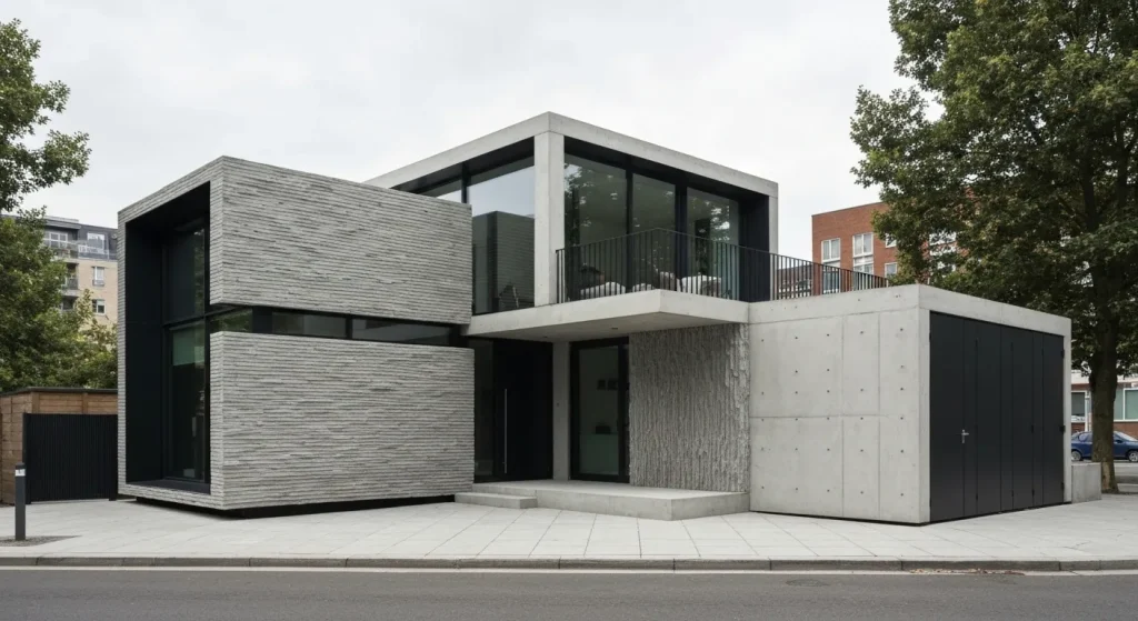 O casă modernă, cu pereți texturati, construită prin printare 3D, este prezentată într-un peisaj urban.
