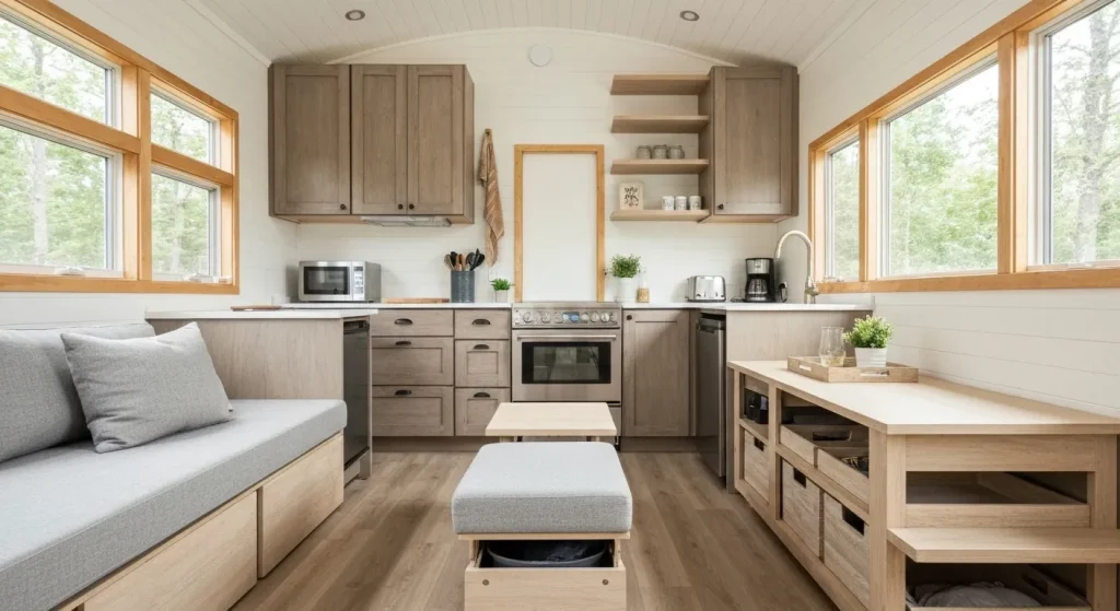Interiorul unei case tiny, arătând spații de depozitare inteligente, integrate în designul elegant al mobilierului.