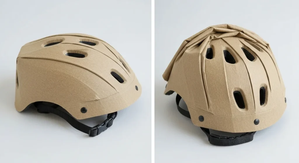 Cască de bicicletă pliabilă din carton reciclat, cu design fagure, rezistentă la apă.