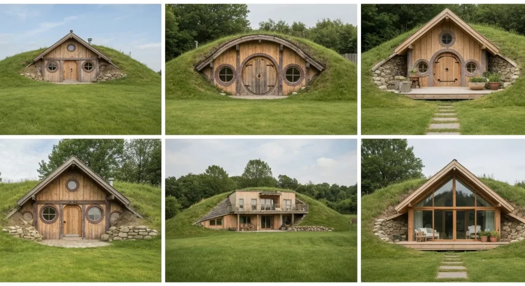 Diverse exemple de case subterane, integrate în peisaj, variind de la structuri simple din lemn la designuri moderne și ecologice.