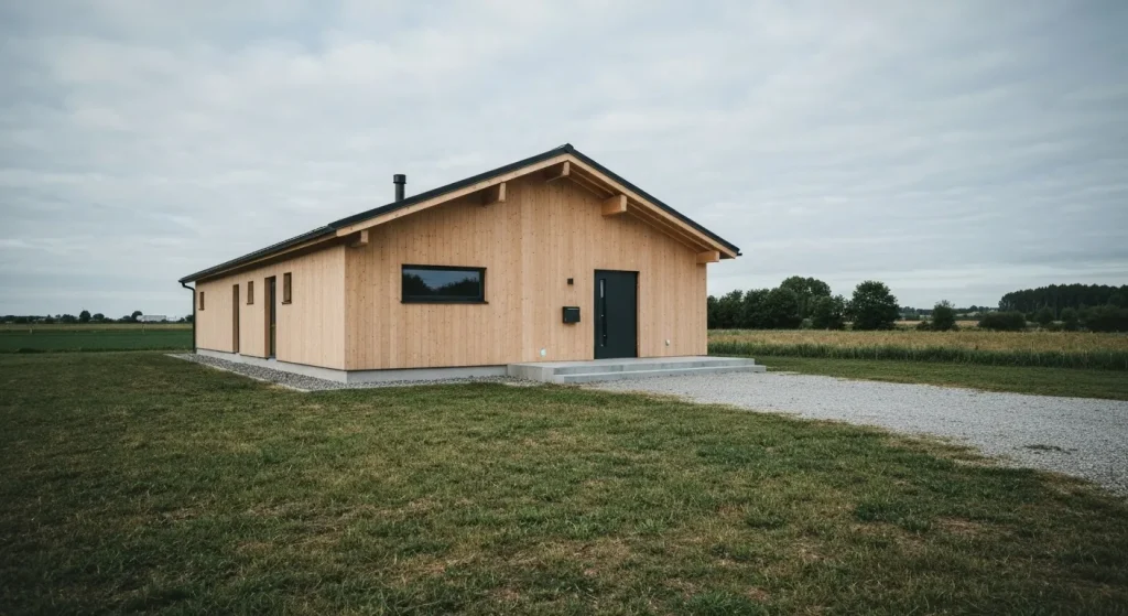 O casă modernă, cubică, cu un singur nivel, având un design simplu și elegant, situată într-un peisaj rural.