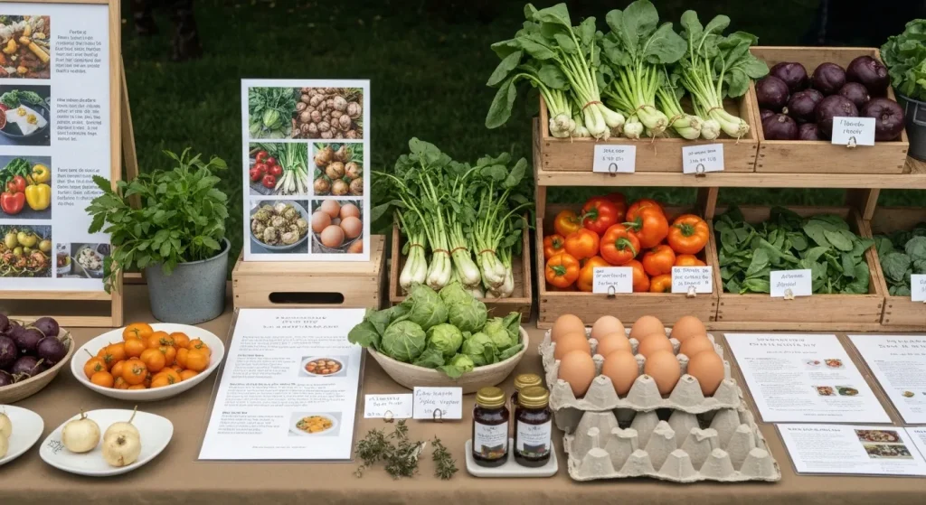 Stand la piața fermierilor cu legume, plante aromatice, ouă și materiale informative.