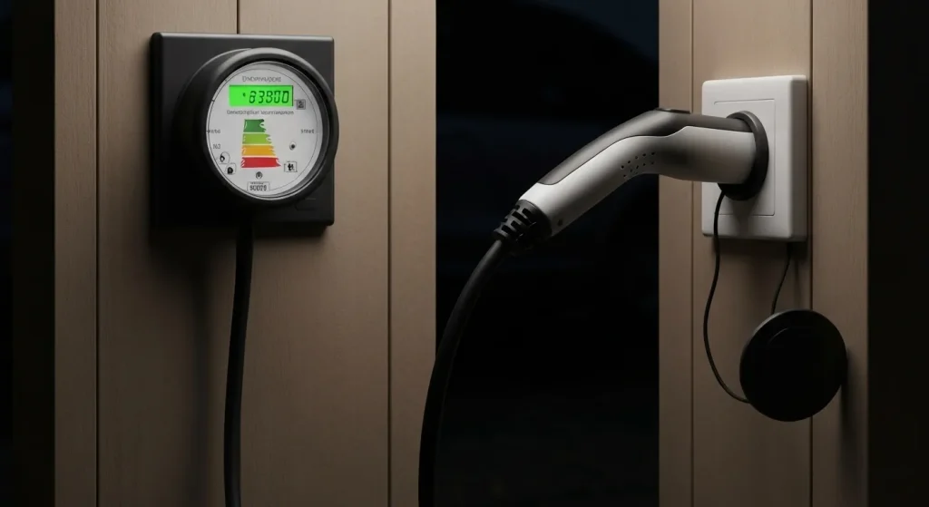 Mașină electrică conectată la o priză de perete, se încarcă noaptea.