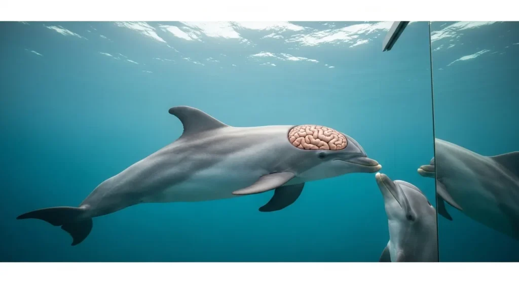 Un delfin înotând în apă, cu accent pe mărimea capului său.