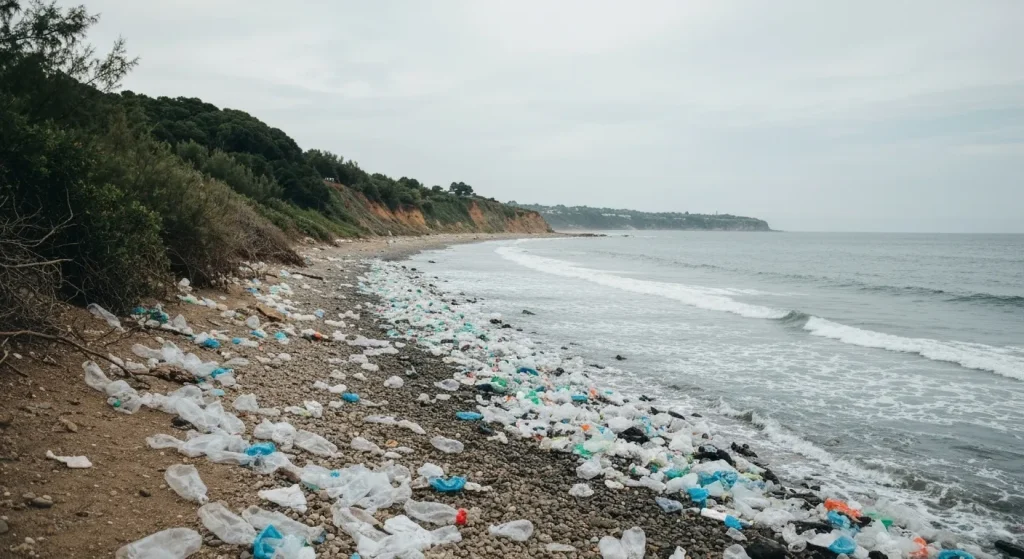 O linie de coastă poluată cu deșeuri de plastic, inclusiv sticle, pungi și alte resturi.