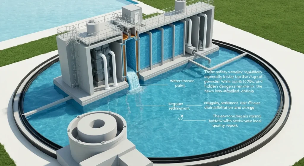 O diagramă care ilustrează procesul de tratare a apei potabile într-o stație de tratare a apei, inclusiv coagulare, sedimentare, filtrare și dezinfectare.