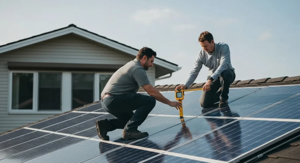 Un expert în energie solară examinează un acoperiș cu un dispozitiv de măsurare a umbrei, în timp ce verifică potențialul de instalare a panourilor solare.